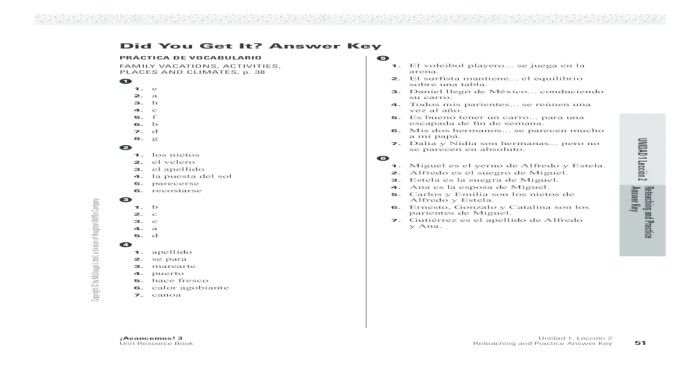 Avancemos 3 unit resource book answer key