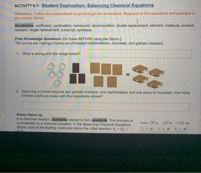 Student exploration chemical equations answer key