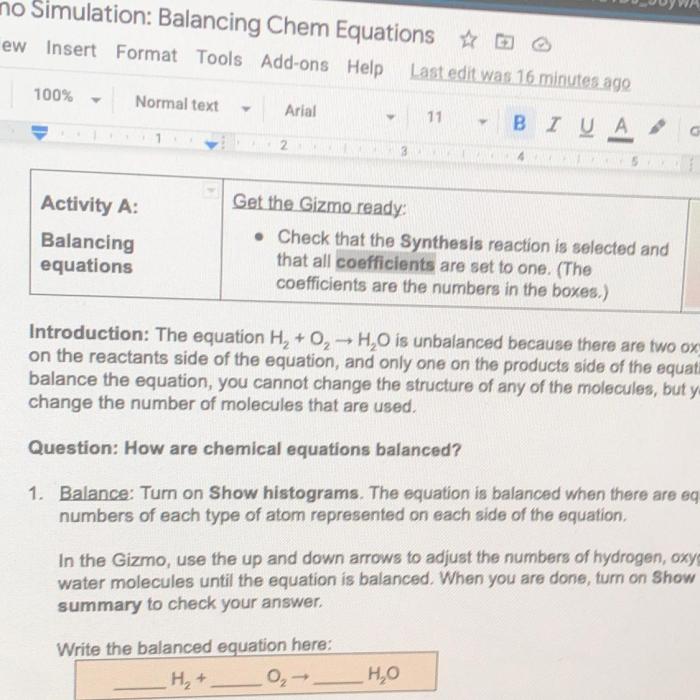 Student exploration chemical equations answer key